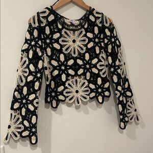 Black and Cream Floral Crochet Blouse